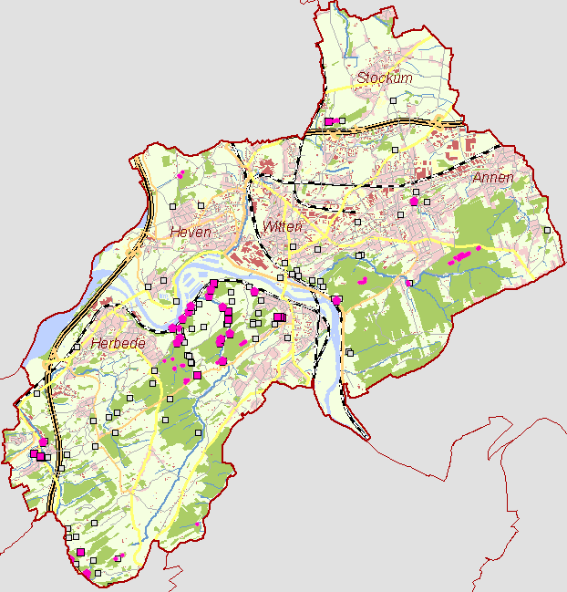 bersichtskarte der Stadt Witten mit Bergbauspuren